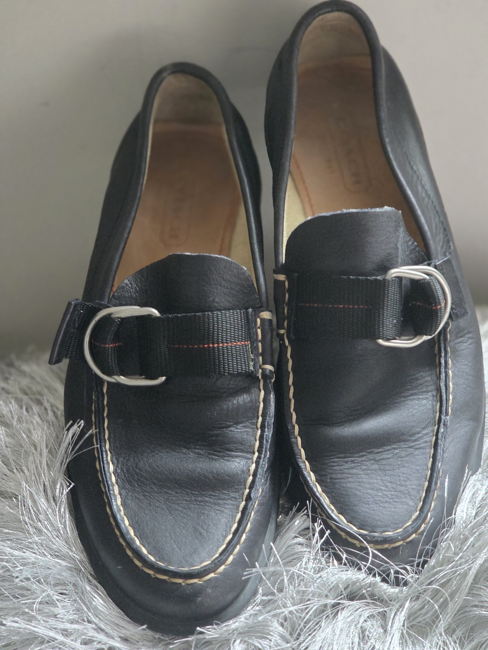 Coach Black Leather Men's Slip-On Loafers with Silver Buckle Barely warn